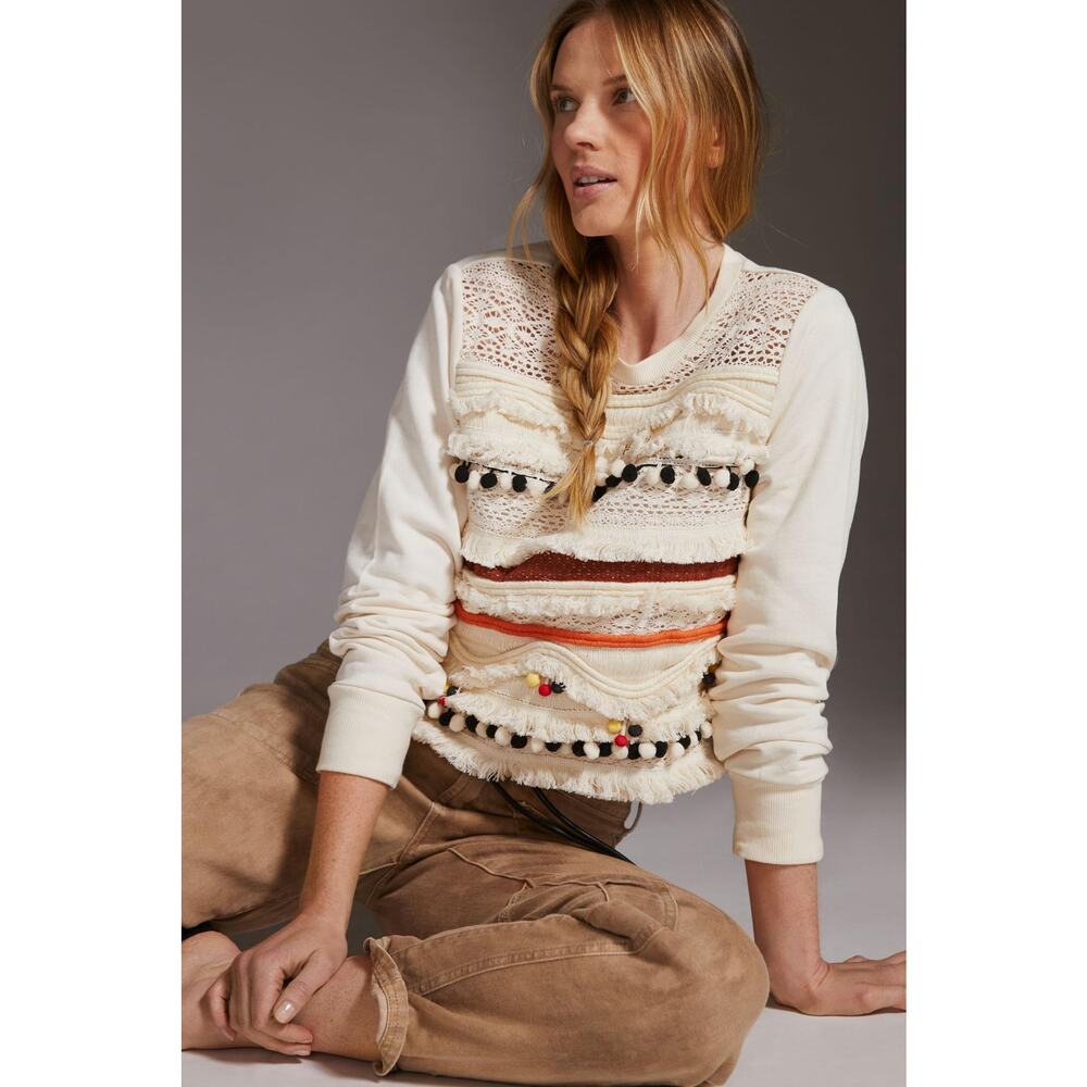 NEW Anthropologie Fringed Cream Sweatshirt - Size: Small